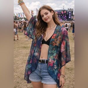 Floral Rainbow Sheer Kimono Women XL Artsy Colorful Festival Summer Maximalist